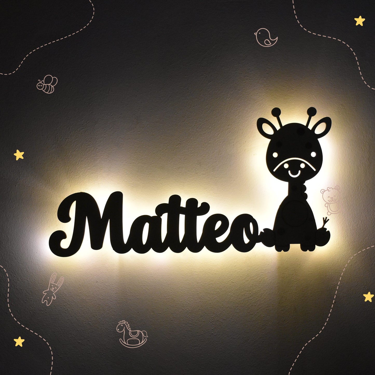 Personalisierte Nachtlicht Schriftzug mit Giraffe 60 oder 70 cm