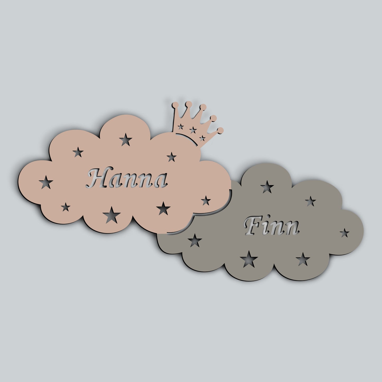 Personalisierbares Nachtlicht „Zwei Wolken mit einer Krone“ für Kinderzimmer Zweifarbig 70 cm