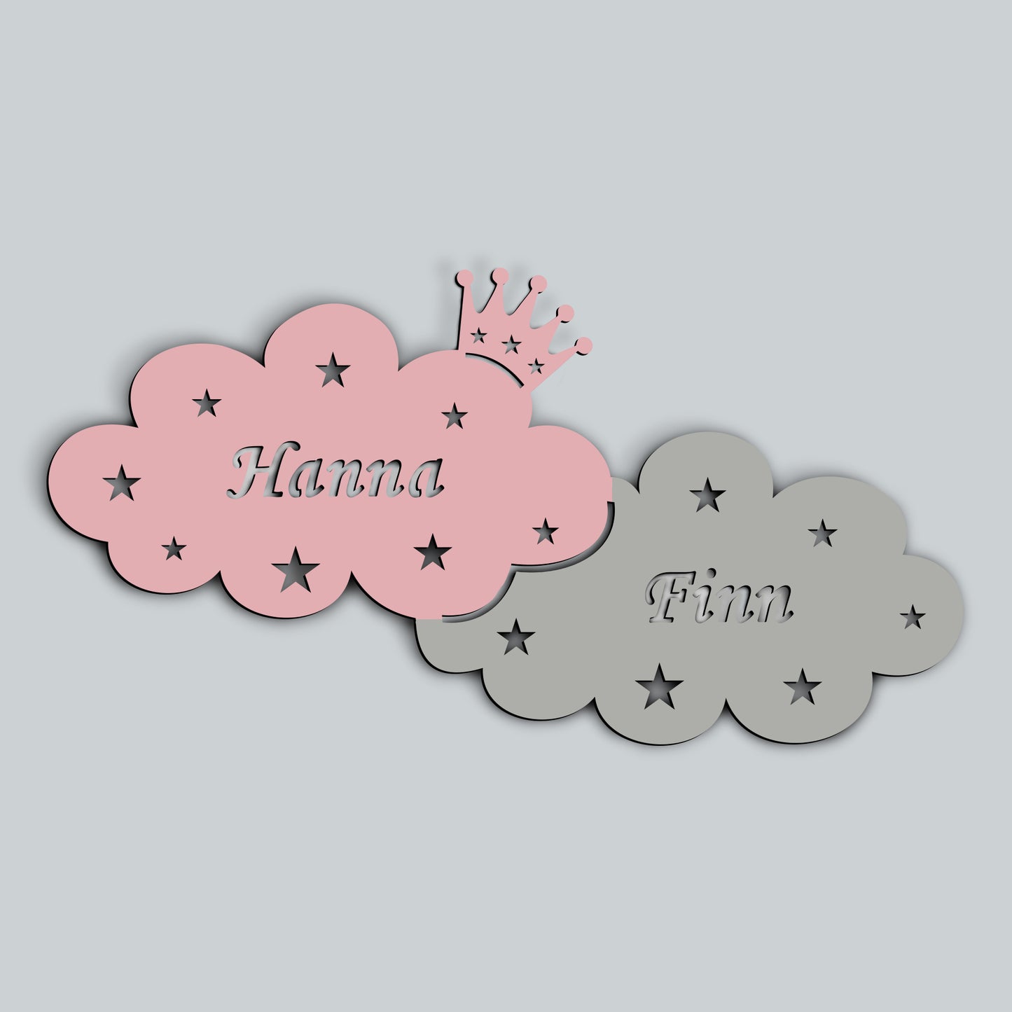 Personalisierbares Nachtlicht „Zwei Wolken mit einer Krone“ für Kinderzimmer Zweifarbig 70 cm