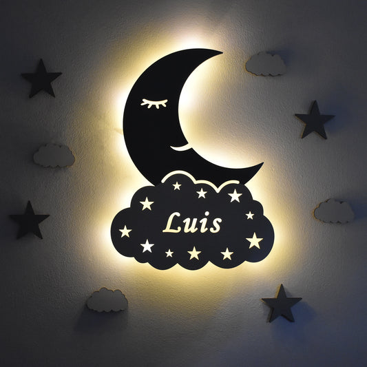 Personalisierbares Nachtlicht Mond auf Wolke – Sanftes Licht für süße Träume