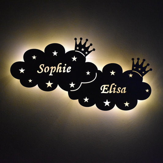 Personalisierbares Nachtlicht „Zwei Wolken mit Zwei Kronen“ für Kinderzimmer 60 oder 70 cm